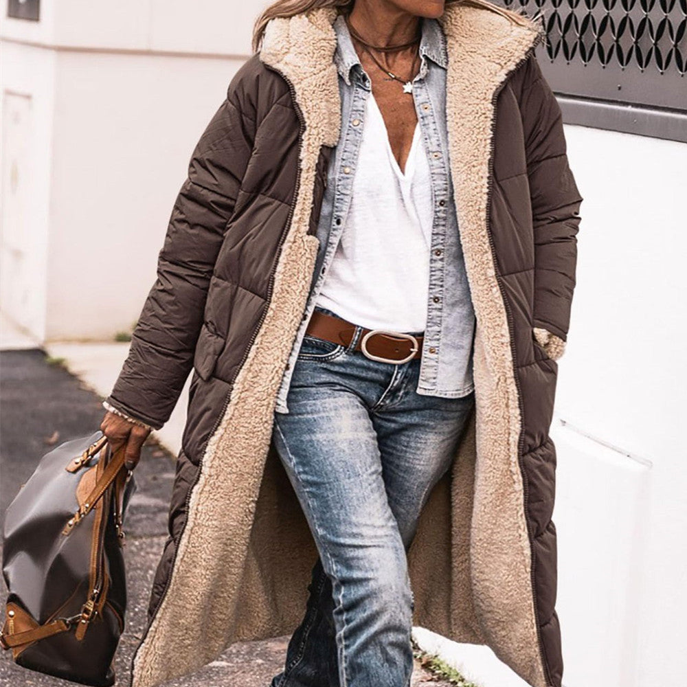 Solid Color Hooded Cotton Jacket Long Sleeve Double-sided Wear Slim Fit Elegant Cardigan Coat Top Limorista