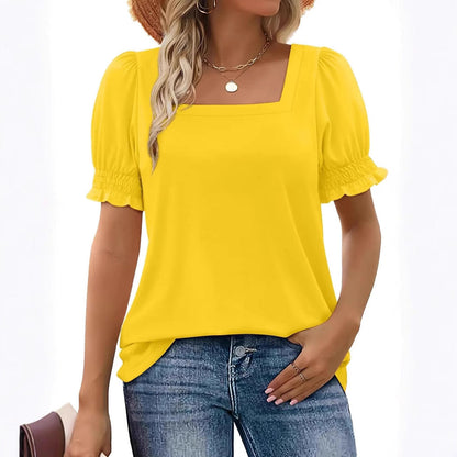 Spring And Summer New Fashion Simple U-neck Petal Sleeve Loose T-shirt Limorista