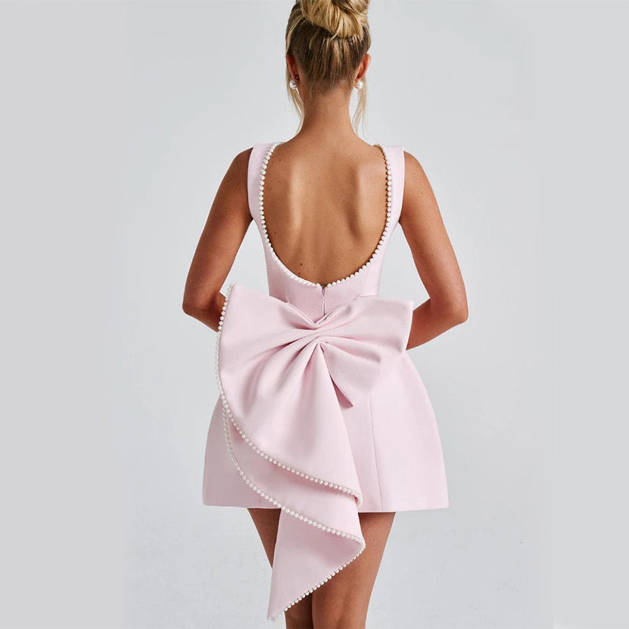 Fashion Big-Bowed Pearls Backless Dress Summer Slim Sleeveless A-line Dresses For Party Evening Women&