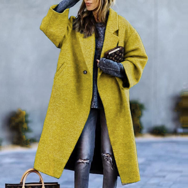 Autumn And Winter Long Woolen Color Temperament Commute No Belt Lapel Loose Woolen Green Coat Limorista