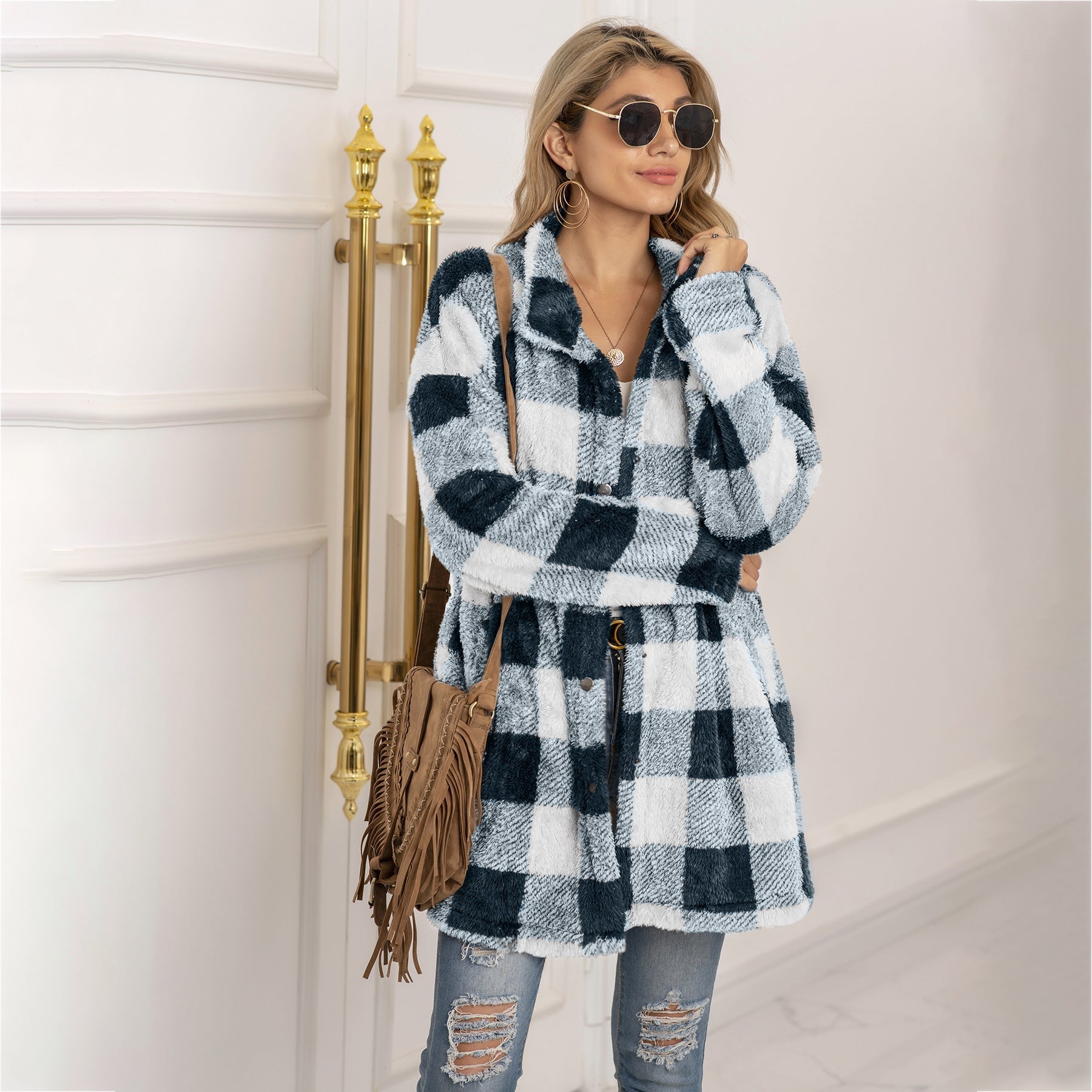 Colorblock Plaid Fleece Jacket Fashion Single Breasted Long Jacket Women&