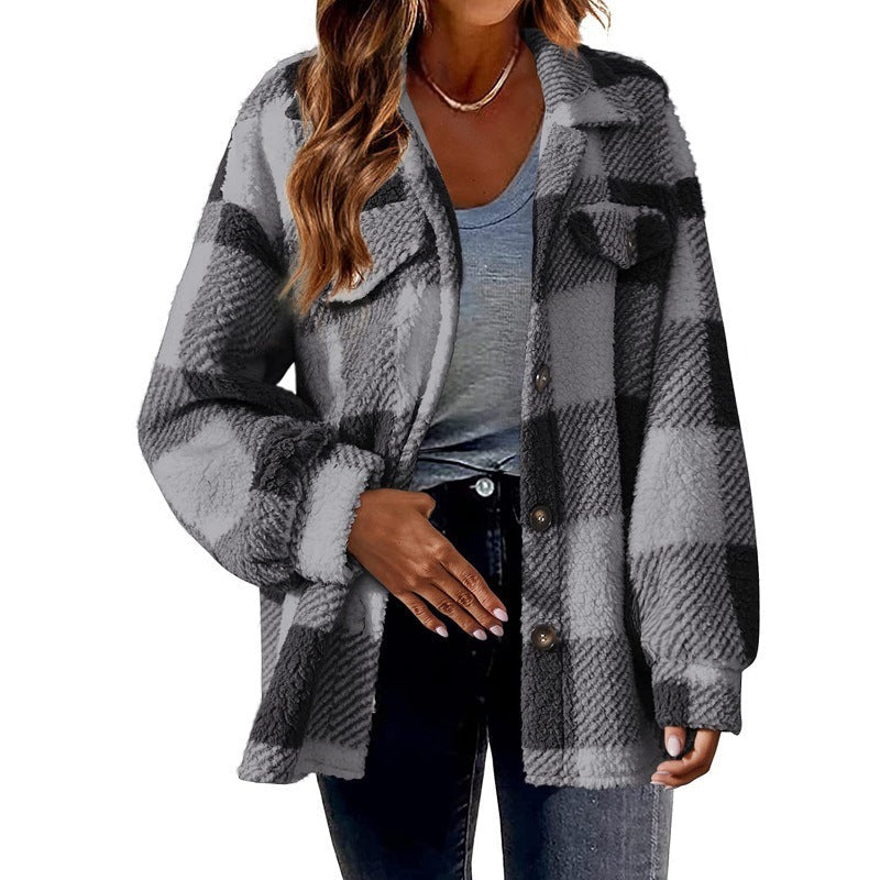 Turndown Collar Plaid Jacket With Pockets Single Breasted Button Down Woolen Jacket Autumn And Winter Clothes For Women Limorista