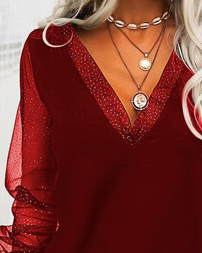 V Neck Fashion Mesh Patchwork Top Limorista