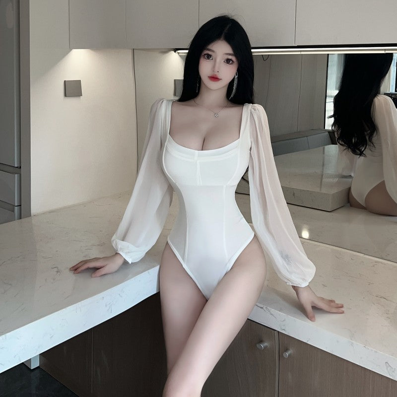 White Low-cut Lantern Sleeve Tight Long Sleeve Limorista