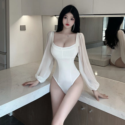 White Low-cut Lantern Sleeve Tight Long Sleeve Limorista