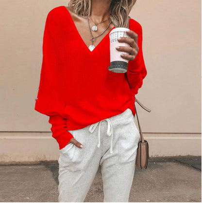 Solid Color And V-neck Batwing Sleeve Long Sleeve T-shirt Top For Women Limorista