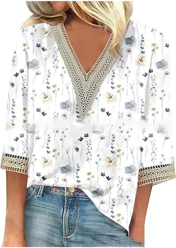 Wear Loose New Floral Print Stitching Lace Half Sleeve V-neck T-shirt Limorista