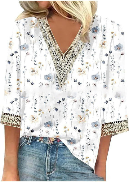 Wear Loose New Floral Print Stitching Lace Half Sleeve V-neck T-shirt Limorista