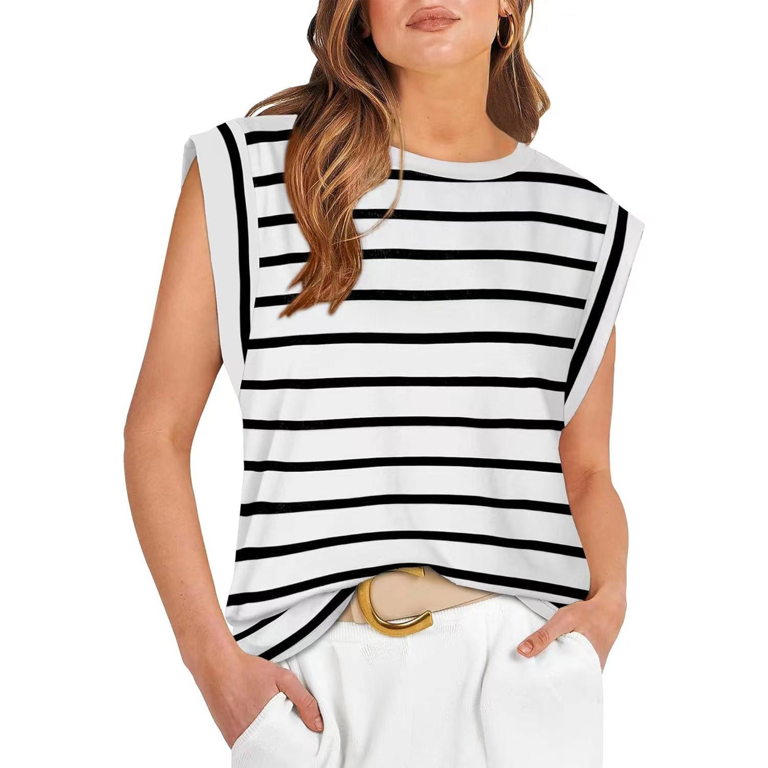 Round Neck Loose Short Sleeves Striped Top For Women Limorista