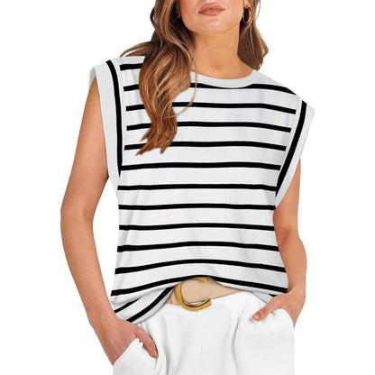 Round Neck Loose Short Sleeves Striped Top For Women Limorista
