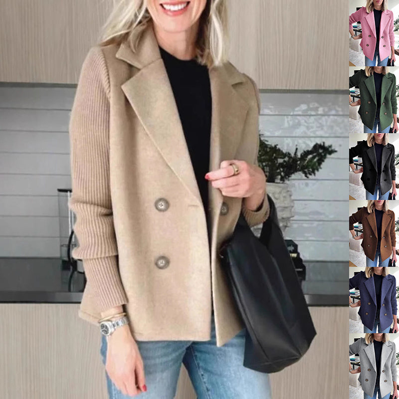 Double Breasted Lapel Jacket Fashion Knitted Sleeves Splicing Design Coat Outerwear Women&