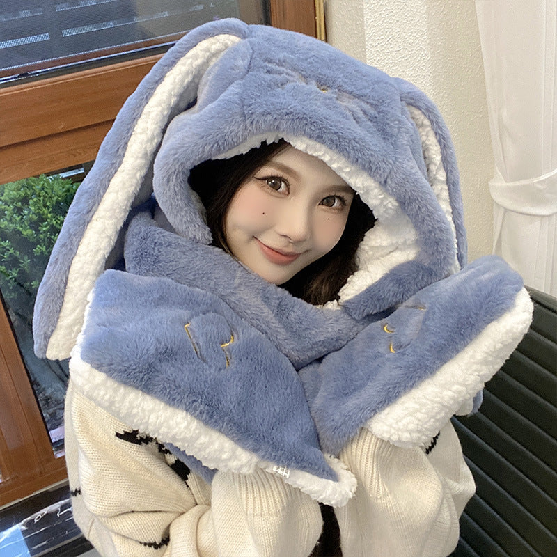 Big Long Rabbit Ears Fleece-lined Warm Hat And Scarf Limorista