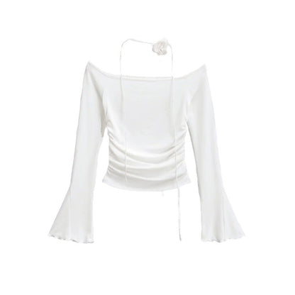 Flower Horn Long Sleeve T-shirt Tight Pleated High Waist Short Limorista