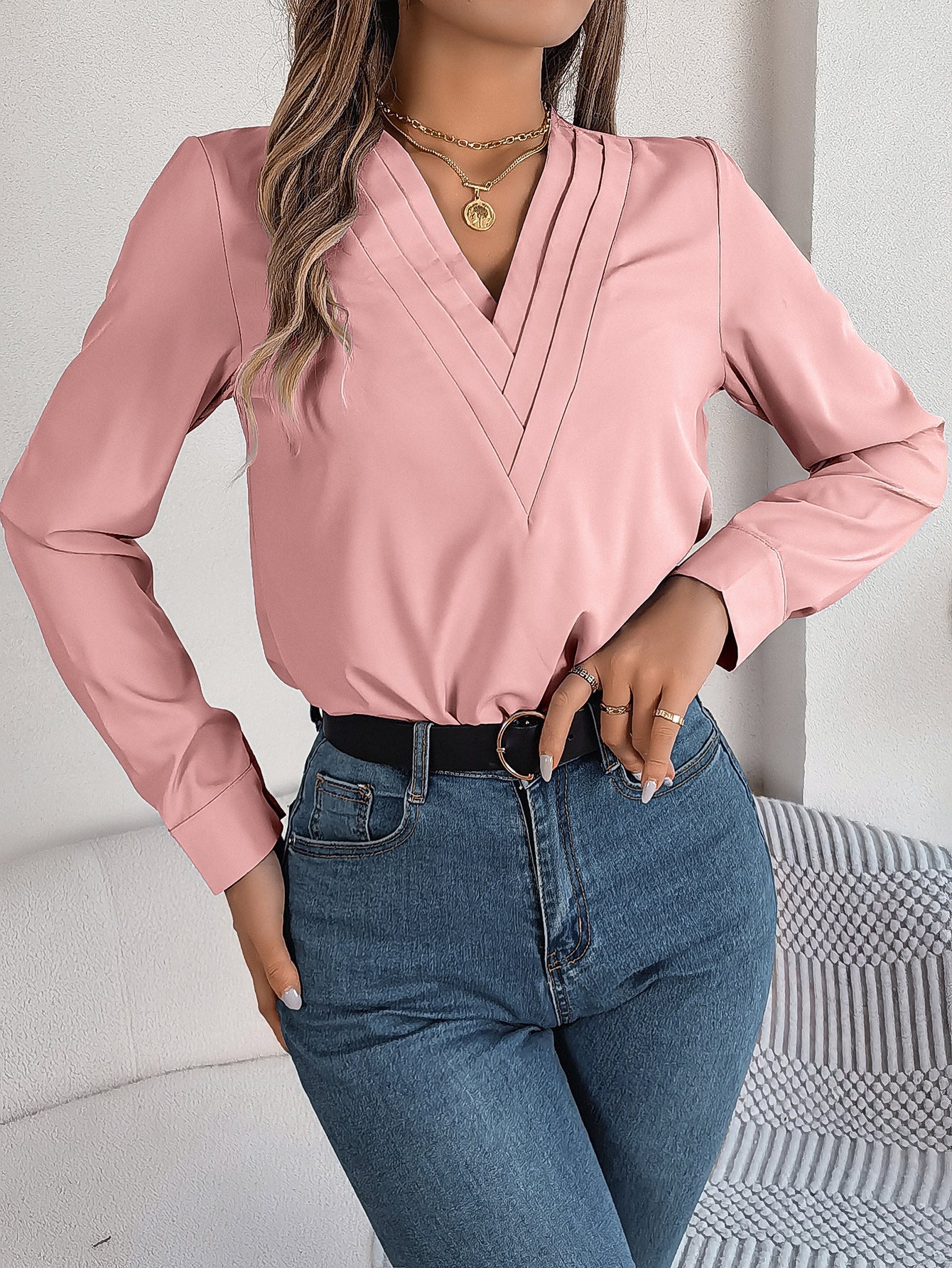 Fashion V-Neck Long Sleeve Shirt Elegant Commuter Solid Blouse Office Women&