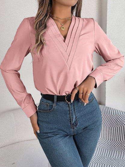 Fashion V-Neck Long Sleeve Shirt Elegant Commuter Solid Blouse Office Women&