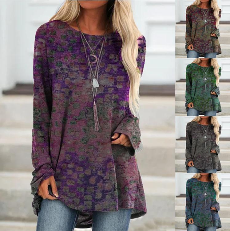 Round Neck Pullover Long-sleeved T-shirt Women&