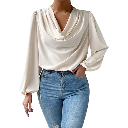European And American Summer Chiffon Long-sleeved Shirt Loose Draped V-neck Top Limorista