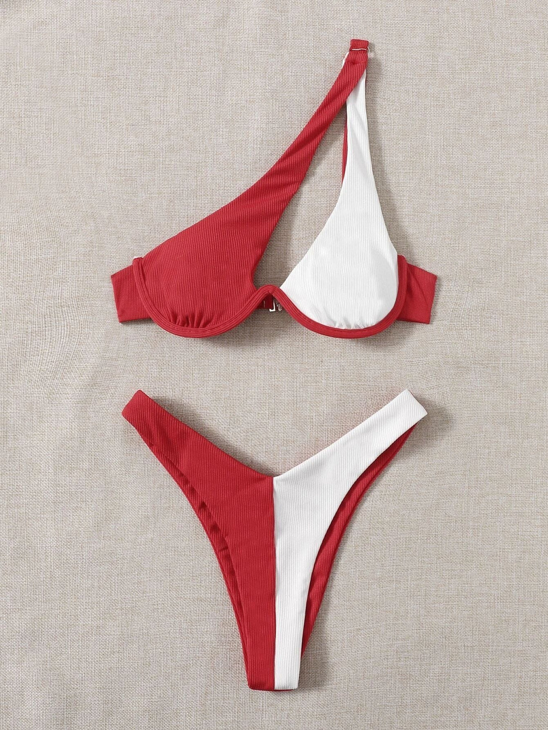 Ladies Split Swimsuit Solid Color One Shoulder Underwire Bikini Limorista