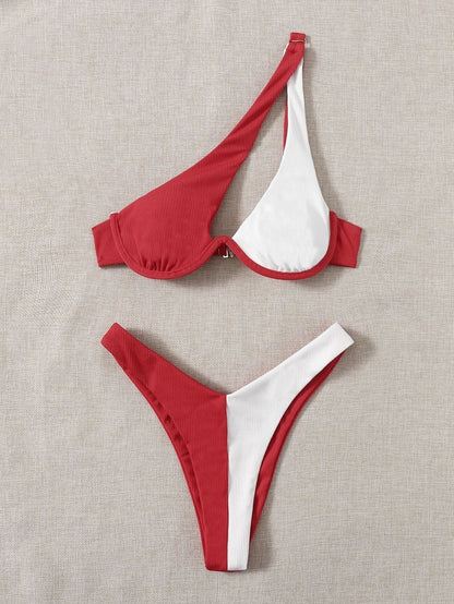 Ladies Split Swimsuit Solid Color One Shoulder Underwire Bikini Limorista