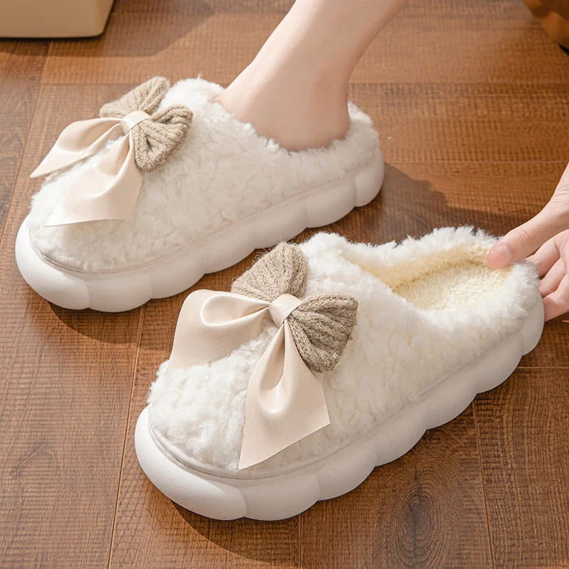 Winter Warm Fur Slippers For Women Cute Bow House Non Slip Soft Shoes Comfort Flat Heel Home Indoor Bedroom Plush Slippers Limorista