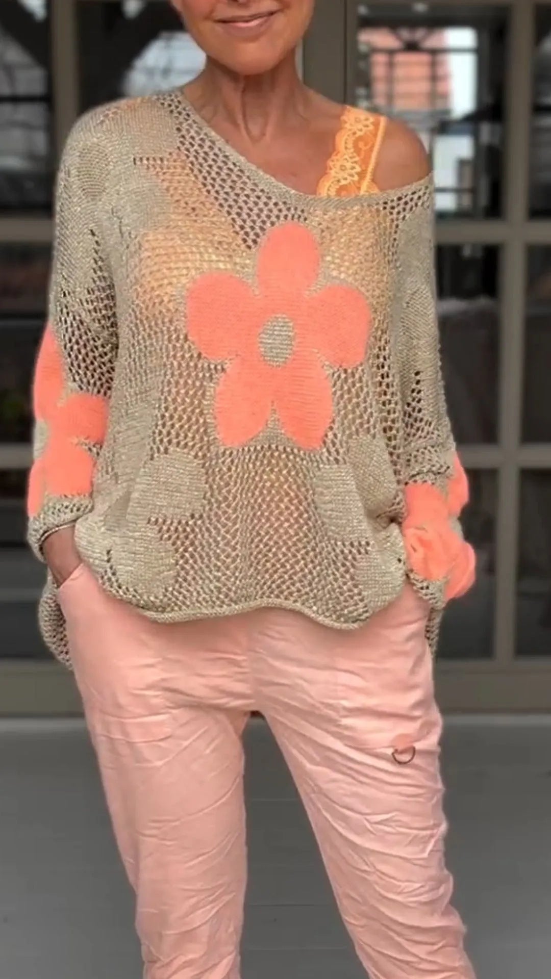 Floral Knitted Hollow Out V-neck Shirt Limorista