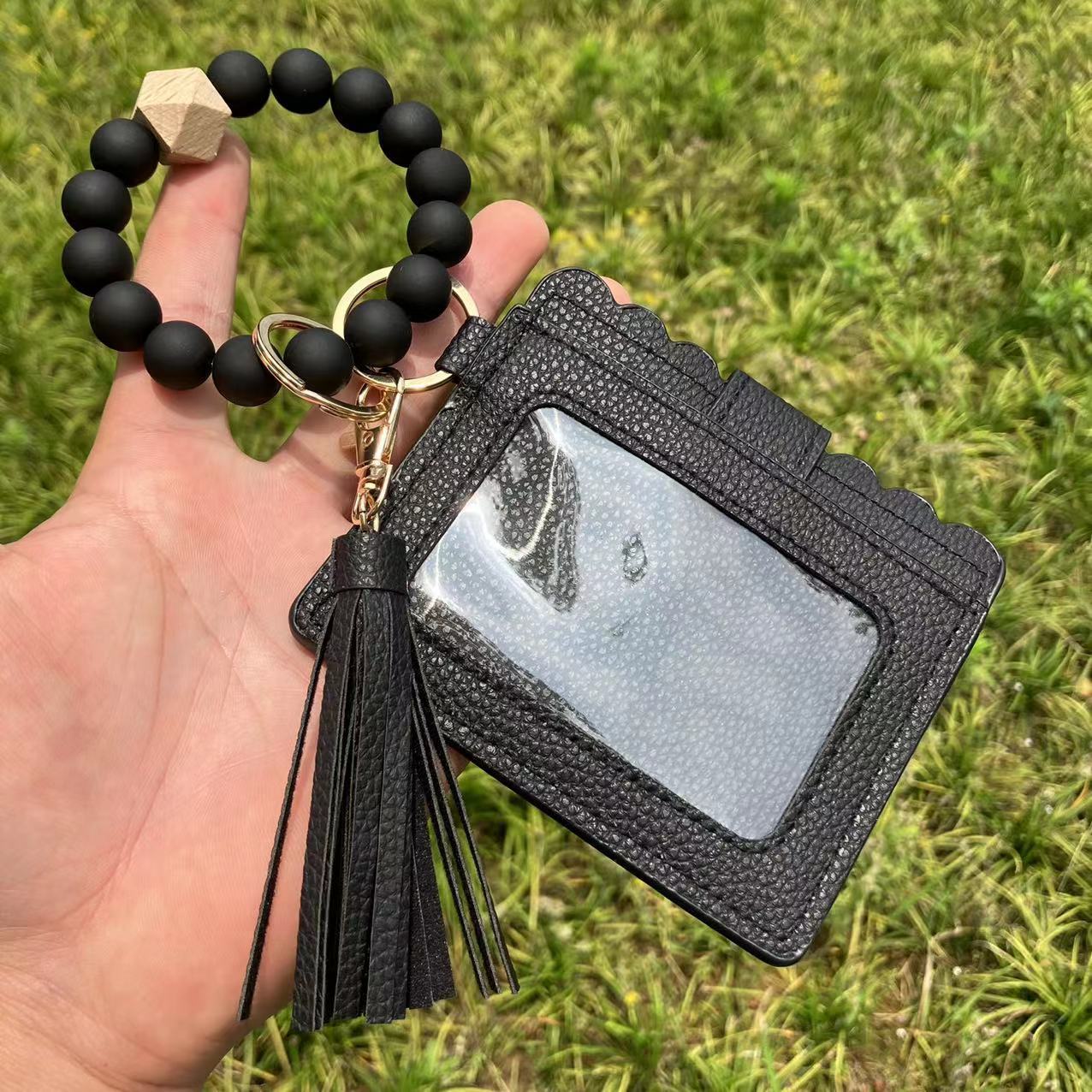 Silicone Bead Bracelet Card Bag Pu Tassel Women&