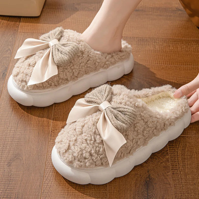 Winter Warm Fur Slippers For Women Cute Bow House Non Slip Soft Shoes Comfort Flat Heel Home Indoor Bedroom Plush Slippers Limorista