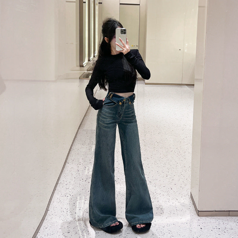 Retro Blue Flared Straight Jeans For Women Autumn And Winter Slimming Pear-shaped Body Pants Limorista