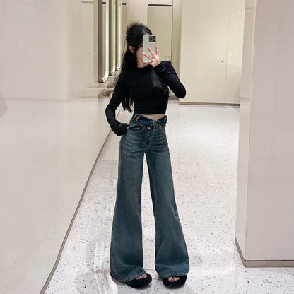 Retro Blue Flared Straight Jeans For Women Autumn And Winter Slimming Pear-shaped Body Pants Limorista