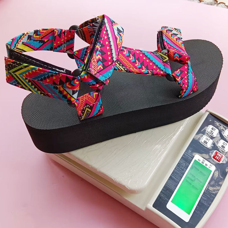 Printed Velcro-design Sandals Summer Ethnic Style Thick Flat Sandals Women&