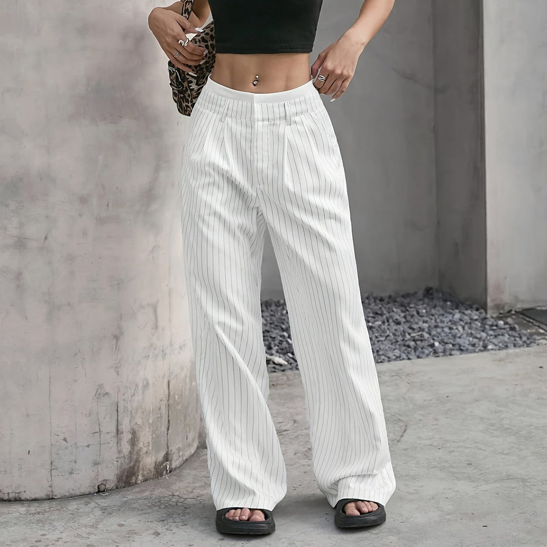 Stripe Printed Trousers Fashion High Waist Straight Leg Pants With Pocket Zipper Casual Suit Pants For Women Limorista