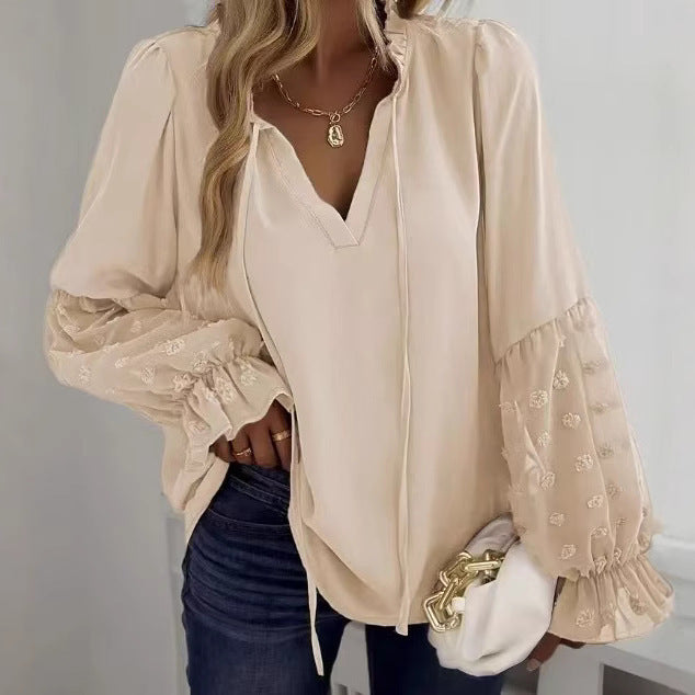 Solid Color Jacquard Long-sleeved Shirt Patchwork Top Temperament Limorista