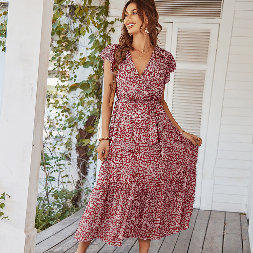 Summer Dresses Ruffle Cap Sleeve V Neck Belt Wrap Split Boho Floral Long Casual Party Beach Dress Limorista