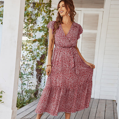 Summer Dresses Ruffle Cap Sleeve V Neck Belt Wrap Split Boho Floral Long Casual Party Beach Dress Limorista