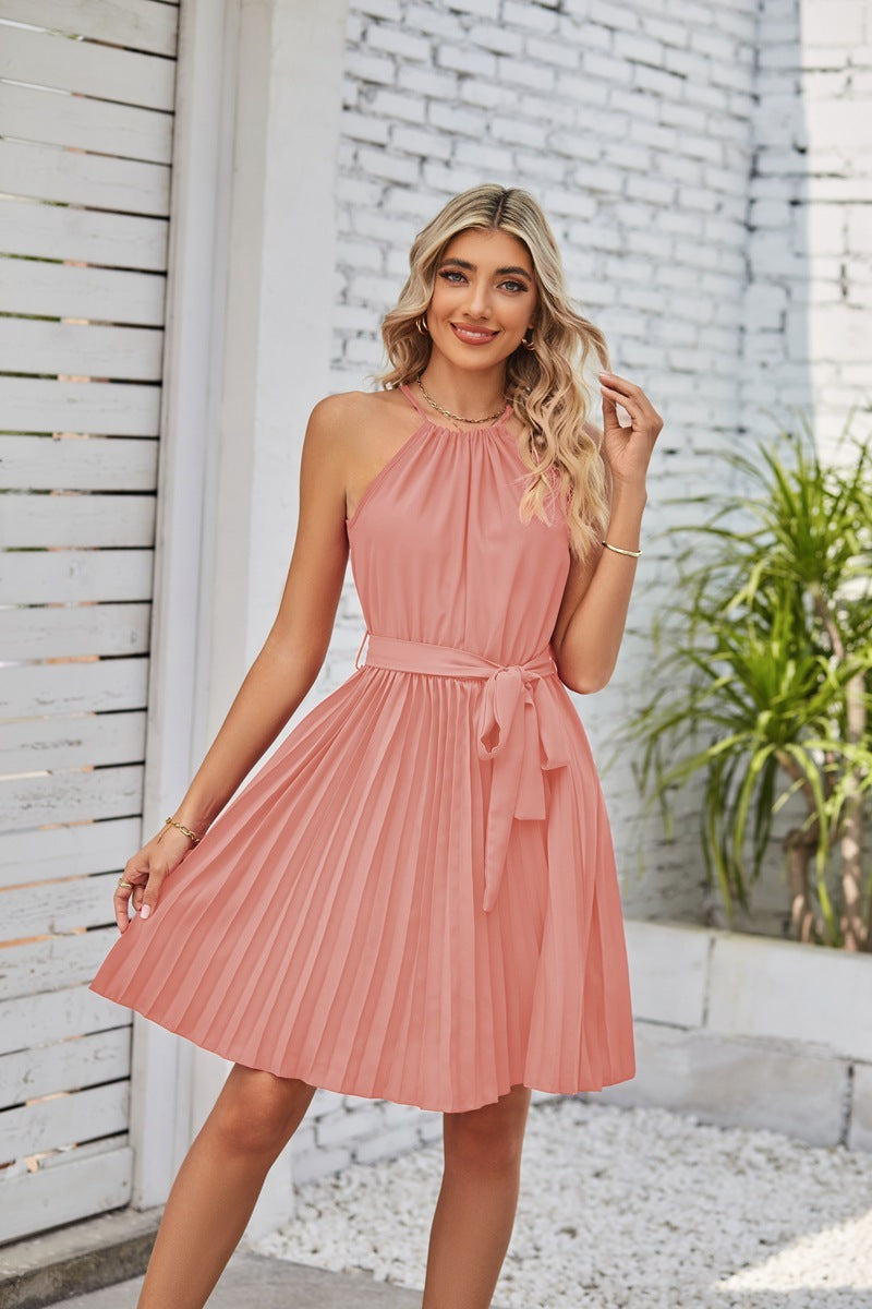 Halter Strapless Dresses For Women Solid Pleated Skirt Summer Beach Sundress Limorista