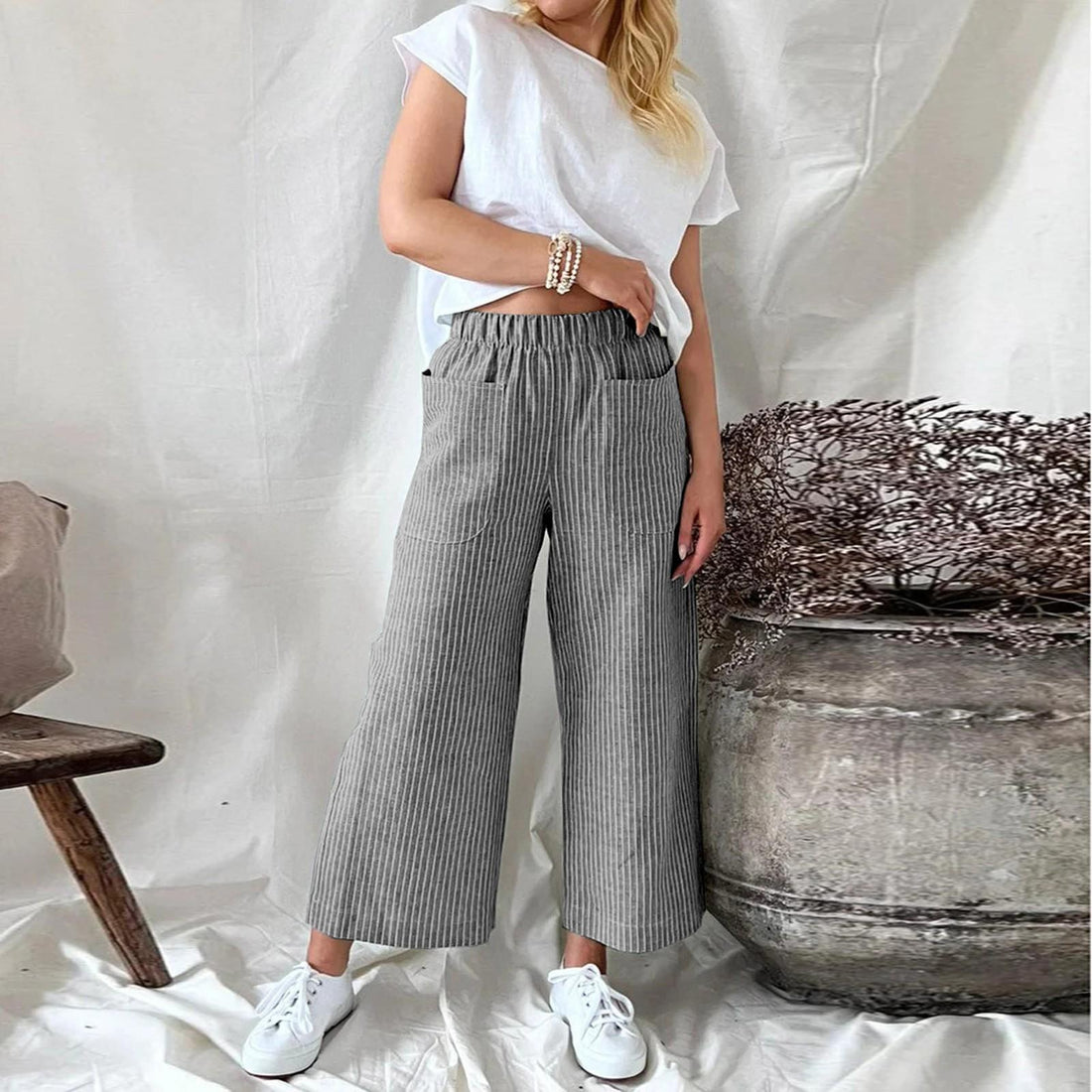 Loose Striped Cotton And Linen Fashion Casual Wide-leg Pants Limorista