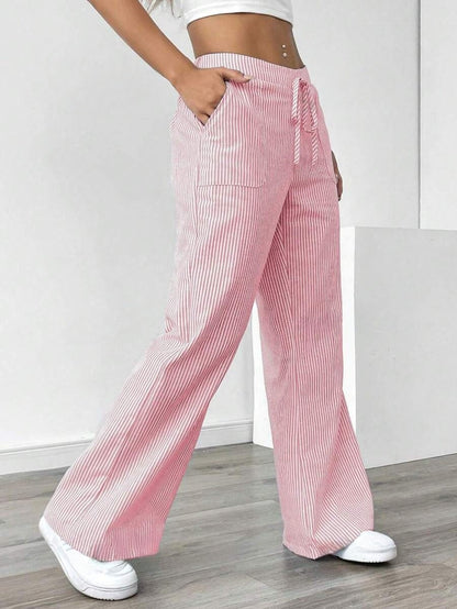 New Striped Trousers With Pockets Casual Versatile Loose Wide Leg Pants Women&