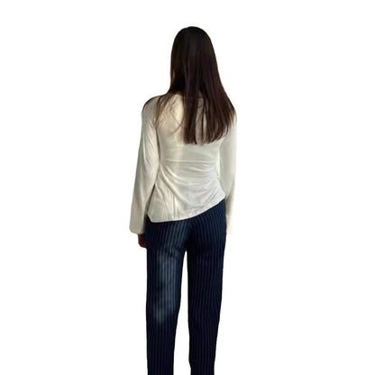 Knitted Stretch Solid Color Pullover Twisted Butterfly Long Sleeve V-neck Top Limorista