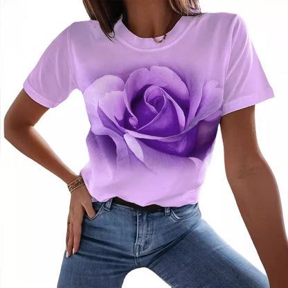 Fashion Rose 3D Printed T-shirt Round Neck Slim Fit Limorista