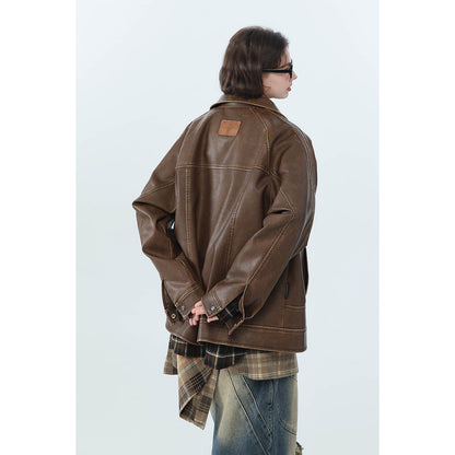 American Retro Distressed Lapel PU Leather For Men And Women Biker&