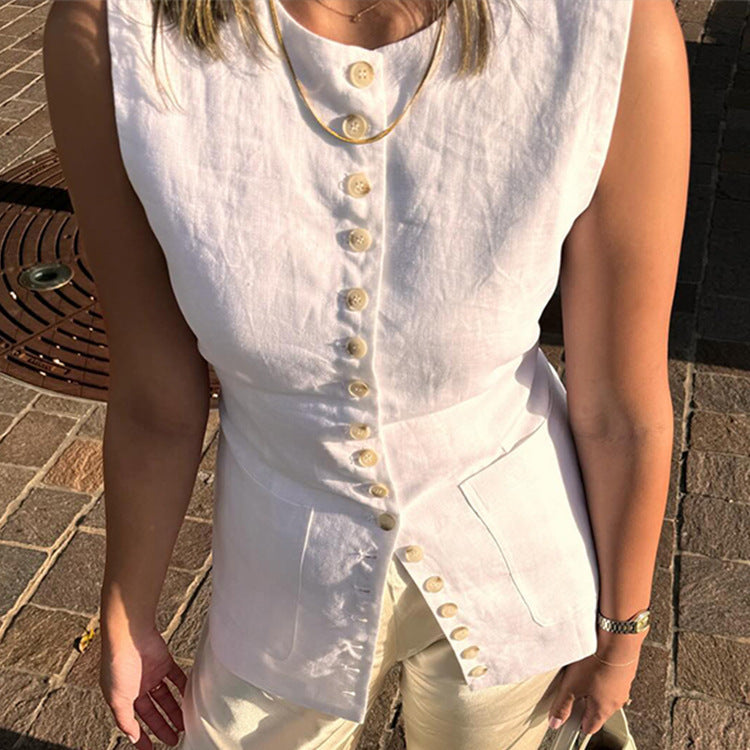 Limorista - Elegant Round Neck Sleeveless Shirt Single Breasted Vest Jacket