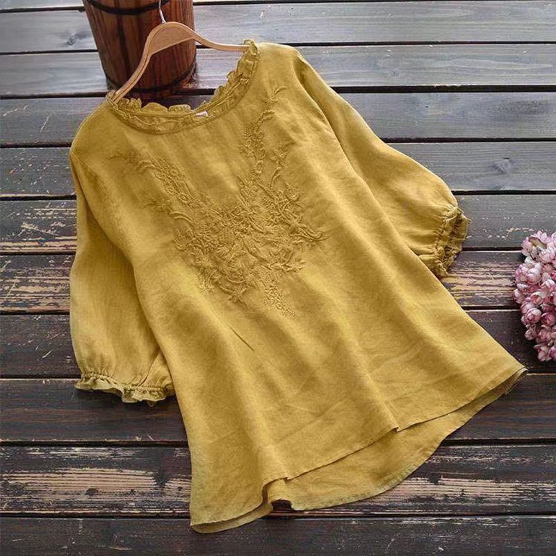 Art Style Short Sleeve T-shirt Female Embroidered Plus Size Limorista