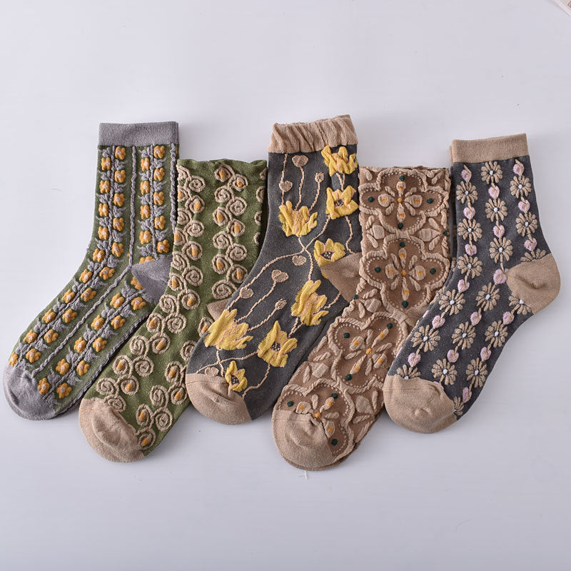 Cotton Socks Retro Court Three-dimensional Embossed Women&