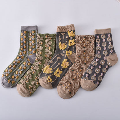 Cotton Socks Retro Court Three-dimensional Embossed Women&