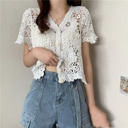 Niche V-neck Hollow Crochet Lace Shirt For Women Limorista