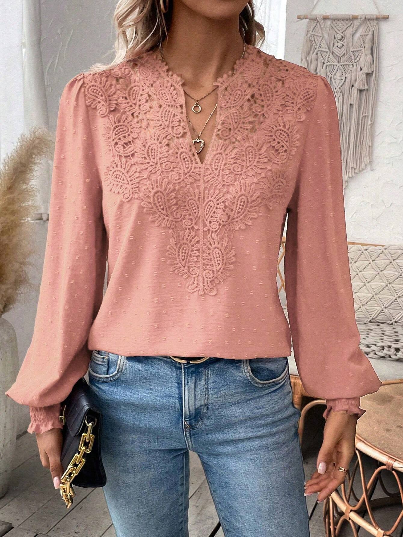 Lace Solid Color Long Sleeve Casual Women&
