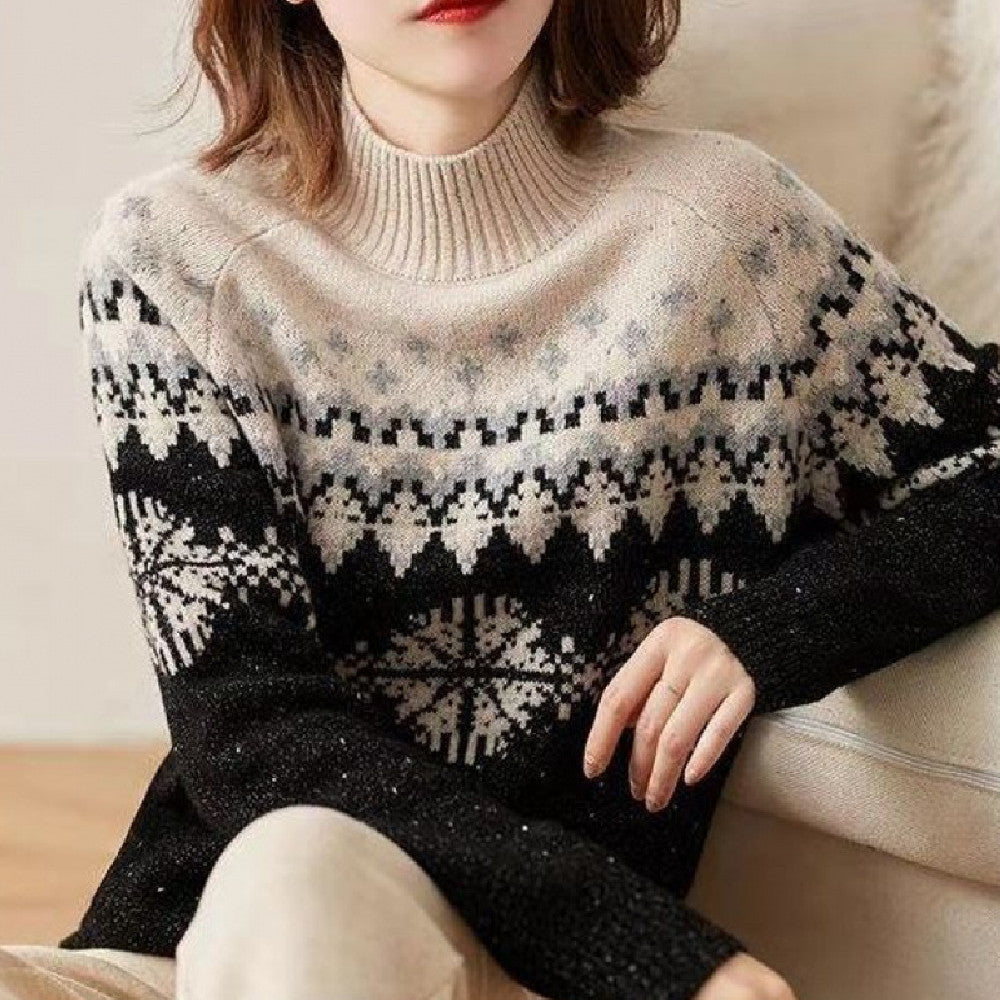 Autumn And Winter Spring New Half Turtleneck Knitted Snowflake Retro Loose Sweater Limorista