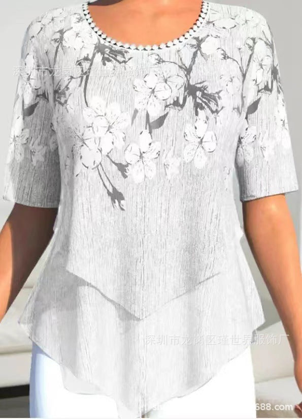 Positioning Printed Round Neck Irregular Short Sleeve Limorista
