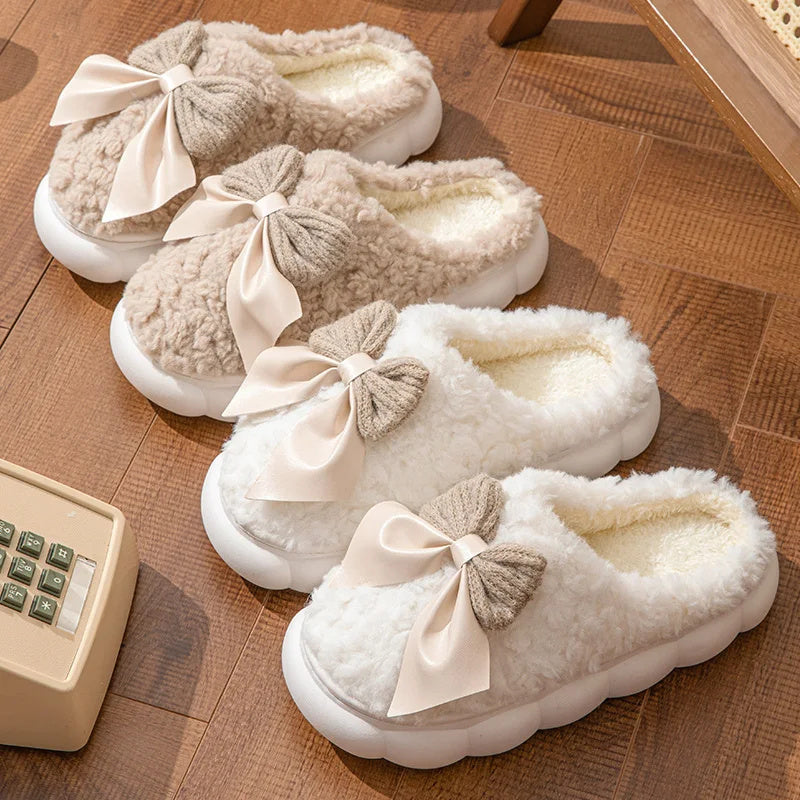 Winter Warm Fur Slippers For Women Cute Bow House Non Slip Soft Shoes Comfort Flat Heel Home Indoor Bedroom Plush Slippers Limorista