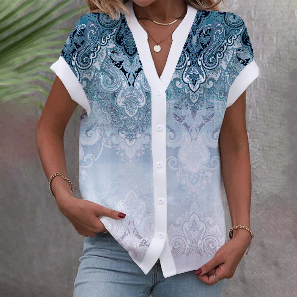 Casual Stand Collar Short Sleeve Regular Cardigan Digital Printing Top Shirt Limorista